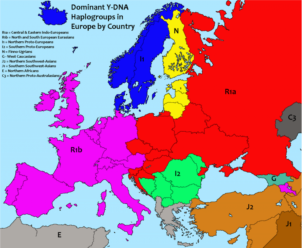 Dominant Y-DNA haplogroup by nation in Europe. Image source: slovio.com