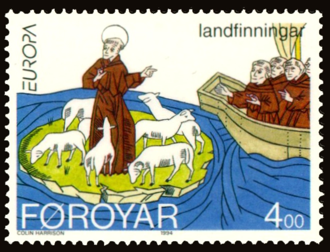 A Faroese stamp illustrating the settlement of the Faroe Islands by Saint Brendan. Image source: www.wikipedia.org