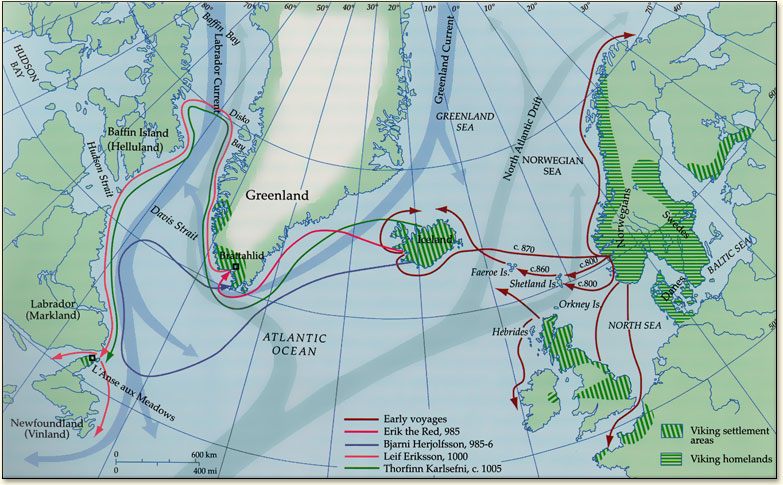 Map showcasing the voyages of the Norwegian Vikings westward towards the British Isles, the Faroes, Iceland, Greenland and Canada. Image source: www.vikingexplorer.wordpress.com