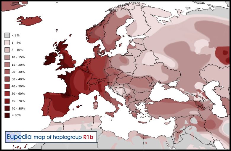 Distribution of Y-DNA (paternal lineage) R1b haplogroup in Europe. Image source: www.eupedia.com 