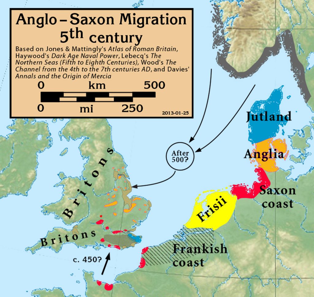 Map depicting the homelands of the Anglo-Saxons coloured in blue (for Jutes), orange (for Angles), red (for Saxons), and yellow (for Frisians). Image source: www.commons.wikimedia.org